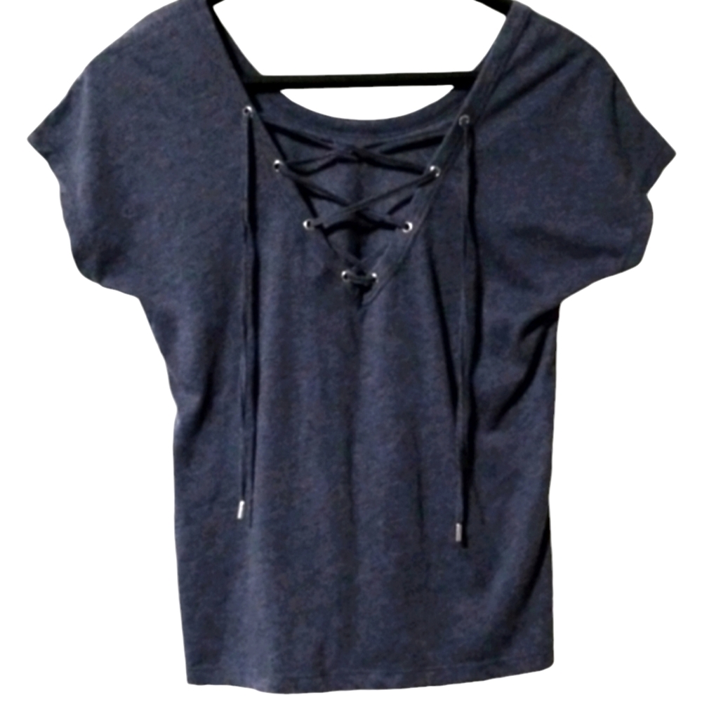 Christopher & Banks | Lace up back short sleeve scoopneck tshirt dark gr…